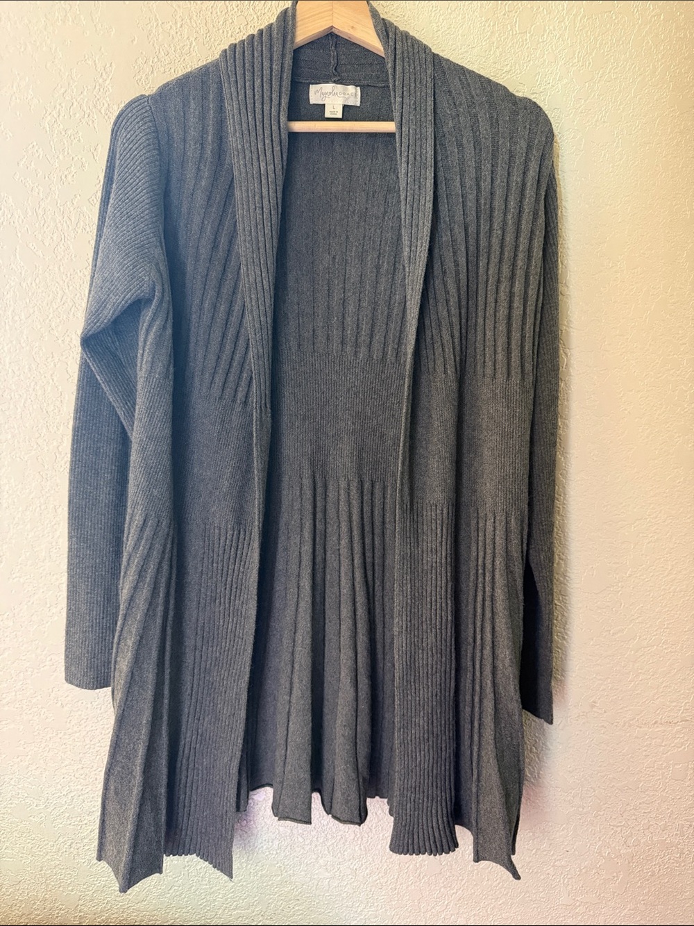 Open-Front Ribbed Long Cardigan Sweater - Gray